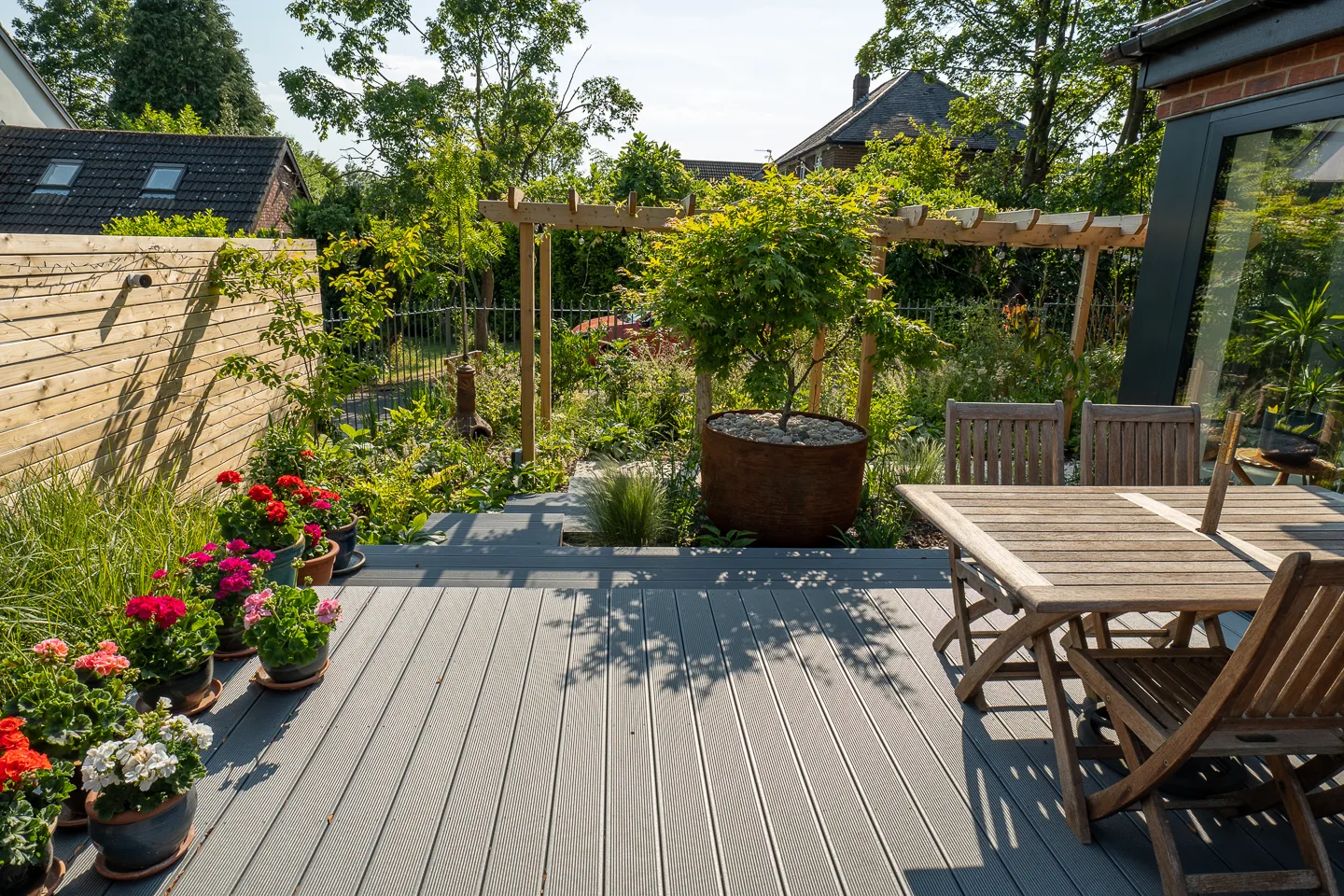 Pergola, Acer and lush planting viewed from the deck in Alwoodley